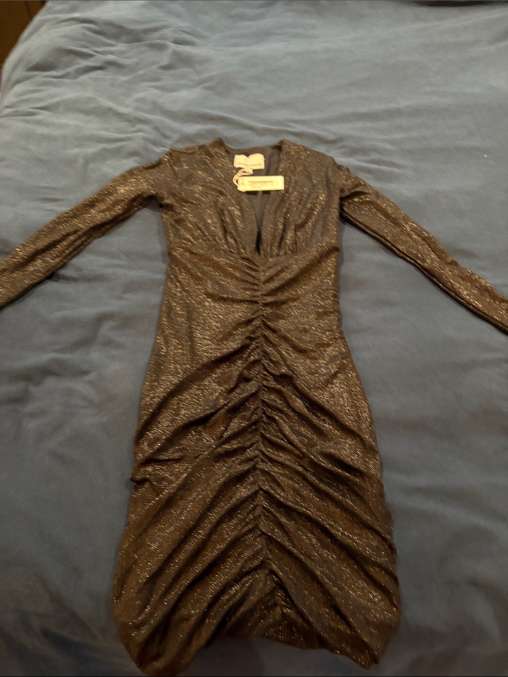 Shimmer Ruched Long-Sleeve V-Neck Dress — Black